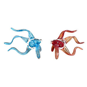 Pair 2 Large Murano Style Glass Angel Fish Art Sculpture Blue & Red Flowing 8”